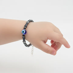 925 Starling Silver Evil Eye Hematite Kids Nazariya, Black and Silver Glass Beaded with Blue Protection Amulet, Handcrafted Jewelry | BJKDNJ-09