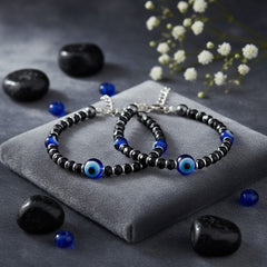 925 Starling Silver Evil Eye Protection Kids Nazariya, Black and Blue Glass Beads, Traditional Turkish Nazar Amulet Design | BJKDNJ-013