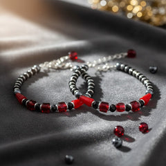 925 Starling Silver Handcrafted Beaded Kids Nazariya, Black and Red Crystal Glass Beads, Silver Metal Accents, Elegant Statement Jewelry | BJKDNJ-012