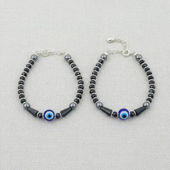 925 Starling Silver Evil Eye Hematite Kids Nazariya, Black and Silver Glass Beaded with Blue Protection Amulet, Handcrafted Jewelry | BJKDNJ-09