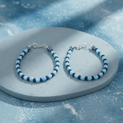 925 Starling Silver Handcrafted Beaded Kids Nazariya, Navy Blue and Light Blue Glass Beads, Summer Beach Jewelry | BJKDNJ-01