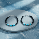 925 Starling Silver Handcrafted Beaded Kids Nazariya, Hematite Grey with Turquoise Blue Accents, Navy Crystal Spacers  | BJKDNJ-03