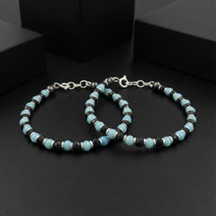 925 Starling Silver Handcrafted Beaded Kids Nazariya, Navy Blue and Light Blue Glass Beads, Summer Beach Jewelry | BJKDNJ-01