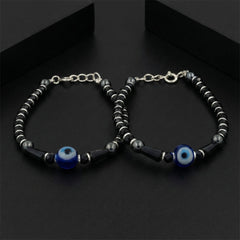 925 Starling Silver Evil Eye Hematite Kids Nazariya, Black and Silver Glass Beaded with Blue Protection Amulet, Handcrafted Jewelry | BJKDNJ-09