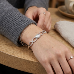 Shimmering Oval Mother of Pearl & Zircon Sterling Silver Link Bangle