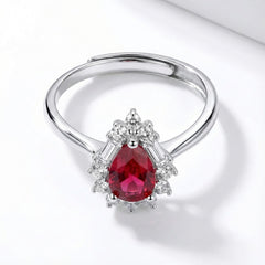 Sterling Silver Ruby and Diamond Ring, Pear-Shaped Red Gemstone, Elegant Wedding Engagement Band with Crystal Accents | BJLR-0011