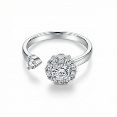 925 Sterling Silver Adjustable Ring with Cubic Zirconia Flower Cluster Design, Clear Crystal Stones, Open Band Style | BJLR-0015