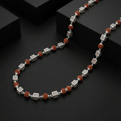 Imperial 925 Sterling Silver Rudraksha Mala – Handcrafted Geometric Cube Filigree Chain | BJRDXMLA-06