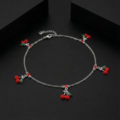 925 Sterling Silver Cherry Charm Anklets for Girls & Women | Cute Red Enamel Cherry Design | Adjustable Chain | BJAK-0008