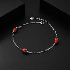 925 Sterling Silver Strawberry Charm Anklets for Girls & Women | Cute Enamel Strawberry Design | Adjustable Chain | BJAK-0005