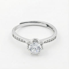 925 Sterling Silver Round Cut Cubic Zirconia Engagement Ring, Classic Solitaire with Crystal Accented Band, 925 Silver Wedding Ring | BJLR-0008