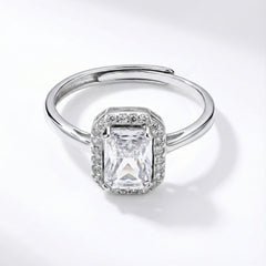 925 Sterling Silver Emerald Cut Cubic Zirconia Halo Engagement Ring, Classic Wedding Band, Clear Crystal Gemstone | BJLR-0004