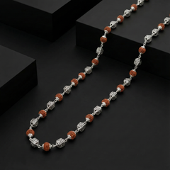 Sacred 925 Sterling Silver Rudraksha Mala – Mahadev Om Engraved Cube Filigree Chain| BJRDXMLA-011