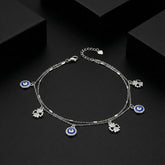 925 Starling Silver Double Layer Evil Eye Charm Anklet | Silver Anklet with Leaf Charms for Women & Girls | BJAK-0012