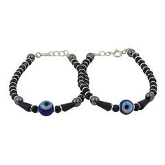 925 Starling Silver Evil Eye Hematite Kids Nazariya, Black and Silver Glass Beaded with Blue Protection Amulet, Handcrafted Jewelry | BJKDNJ-09