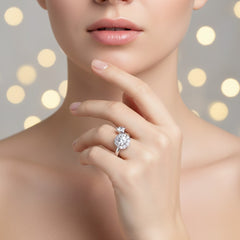 925 Sterling Silver Adjustable Ring with Cubic Zirconia Flower Cluster Design, Clear Crystal Stones, Open Band Style | BJLR-0015