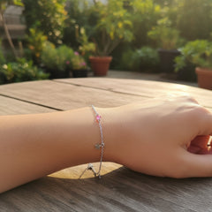 925 Sterling Silver Star Charm Bracelet with Pink Crystal, Delicate Chain Link Design, Adjustable Length, Jewelry for Women | Gifts for Women & Girls & Girlfriend |Wedding and Christmas Gifts | BJBR-039