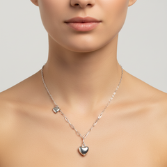 925 Sterling Silver Asymmetric Double Heart Necklace | Modern Paperclip Link & High-Polish Puffy Heart Pendant| BJ-25
