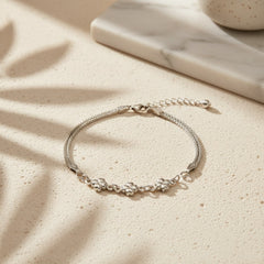 925 Sterling Silver Floral Bracelet, Mesh Chain Design with Flower Charms, Adjustable Length | Gifts for Women & Girls & Girlfriend |Wedding and Christmas Gifts | BJBR-07