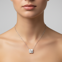 925 Sterling Silver Four-Leaf Clover Necklace, Crystal Rhinestone Pendant, Chain Link Design, Elegant Jewelry | BJ-029