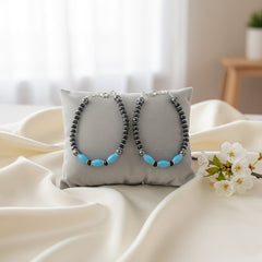 925 Starling Silver Handcrafted Beaded Kids Nazariya, Hematite Grey with Turquoise Blue Accents, Navy Crystal Spacers  | BJKDNJ-03