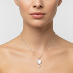 925 Sterling Silver Celestial Mother of Pearl Necklace | Vintage Round Halo & Sparkling North Star Drop Pendant| BJ-021
