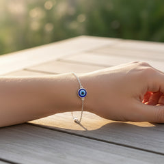 925 Sterling Silver Evil Eye Bracelet, Blue Glass Bead Charm, Dainty Chain Link Protection Jewelry | Gifts for Women & Girls & Girlfriend |Wedding and Christmas Gifts | BJBR-036