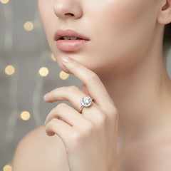 925 Sterling Silver Round Halo Engagement Ring, Cubic Zirconia Solitaire with Crystal Accents, Classic Wedding Band | BJLR-0013