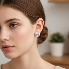 925 Sterling Silver Heart Stud Earrings with Pink Crystal and Clear CZ Stones, Romantic Design | Gifts for Women & Girls & Girlfriend |Wedding and Christmas Gifts | BJER-03