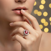 925 Sterling Silver Ruby and Diamond Ring, Pear-Shaped Red Gemstone, Elegant Wedding Engagement Band with Crystal Accents | BJLR-0011