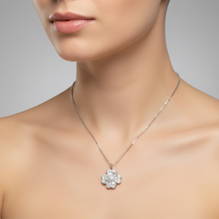 925 Sterling Silver Luxury Floral Pendant – Art Deco Mixed-Cut Baguette & Round CZ Necklace | BJ-36