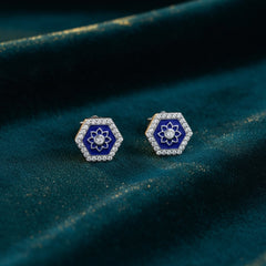 925 Sterling Silver Blue Enamel Octagonal Flower Stud Earrings with Crystal Accents | Gifts for Women & Girls & Girlfriend |Wedding and Christmas Gifts | BJER-02