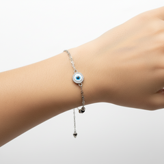 925 Sterling Silver Evil Eye Bracelate, Crystal Rhinestone Pendant Chain, Blue Glass Eye, Black Beaded Accent | Gifts for Women & Girls & Girlfriend |Wedding and Christmas Gifts | BJBR-048