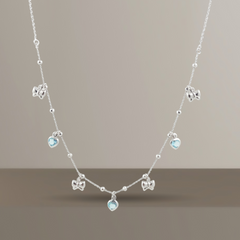 925 Sterling Silver Jewelry Set with Blue Crystal, Bow Design Necklace | BJ-04