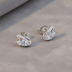 925 Sterling Silver Swan Stud Earrings, Cubic Zirconia Crystal Accent, Small Elegant Design for Women | Gifts for Women & Girls & Girlfriend |Wedding and Christmas Gifts | BJER-04