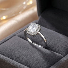 925 Sterling Silver Emerald Cut Cubic Zirconia Halo Engagement Ring, Classic Wedding Band, Clear Crystal Gemstone | BJLR-0004