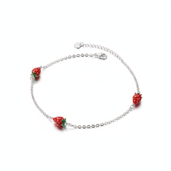 925 Sterling Silver Strawberry Charm Anklets for Girls & Women | Cute Enamel Strawberry Design | Adjustable Chain | BJAK-0005