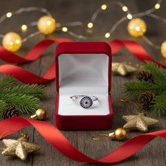 925 Sterling Silver Evil Eye Protection Ring with Blue Sapphire and Diamond CZ, Adjustable Wave Design Band with Black Crystal Accent | BJLR-0003