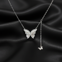 925 Sterling Silver Dainty Butterfly Y-Necklace – Iridescent Shell & Pave Crystal Celestial Jewelry | BJ-039