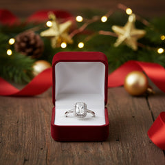 925 Sterling Silver Emerald Cut Cubic Zirconia Halo Engagement Ring, Classic Wedding Band, Clear Crystal Gemstone | BJLR-0004