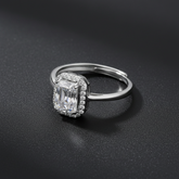 925 Sterling Silver Emerald Cut Cubic Zirconia Halo Engagement Ring, Classic Wedding Band, Clear Crystal Gemstone | BJLR-0004