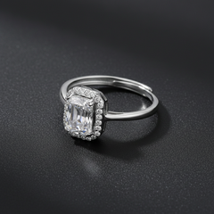 925 Sterling Silver Emerald Cut Cubic Zirconia Halo Engagement Ring, Classic Wedding Band, Clear Crystal Gemstone | BJLR-0004