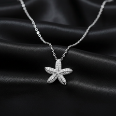 925 Sterling Silver Starfish Pendant Necklace with Cubic Zirconia, Crystal Pave Setting, Beach Theme Jewelry | BJ-033