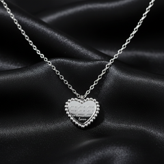 925 Sterling Silver Engraved Script Heart Necklace | Minimalist Beaded Caviar Border Message Pendant | BJ-22