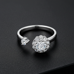 925 Sterling Silver Adjustable Ring with Cubic Zirconia Flower Cluster Design, Clear Crystal Stones, Open Band Style | BJLR-0015