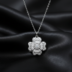 925 Sterling Silver Luxury Floral Pendant – Art Deco Mixed-Cut Baguette & Round CZ Necklace | BJ-36