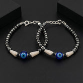 925 Starling Silver Evil Eye Protection Nazariya, Black Crystal Beads with Blue Glass Eye Pendant, Hematite Pearl Accents | BJKDNJ-04