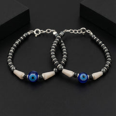925 Starling Silver Evil Eye Protection Nazariya, Black Crystal Beads with Blue Glass Eye Pendant, Hematite Pearl Accents | BJKDNJ-04