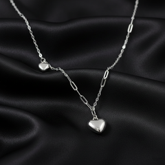 925 Sterling Silver Asymmetric Double Heart Necklace | Modern Paperclip Link & High-Polish Puffy Heart Pendant| BJ-25