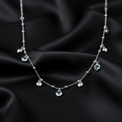 925 Sterling Silver Multi-Heart Charm Necklace | Light Blue Crystal and Silver Heart Dangle Choker for Women| BJ-03